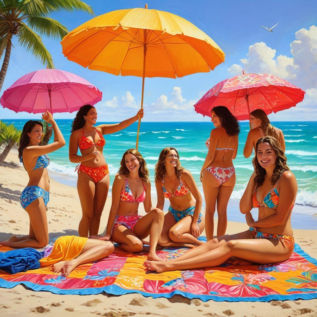 A stylish beach scene featuring a diverse group of Latter-day Saints women in trendy, modest swimwear, enjoying the sun and surf. Incorporate colorful beach umbrellas, decorative towels, and floral accents. Capture their joy and camaraderie, with the ocean waves gently lapping at the shore in the background. Make the colors vibrant and inviting, showcasing a positive atmosphere. painting. vibrant colors.