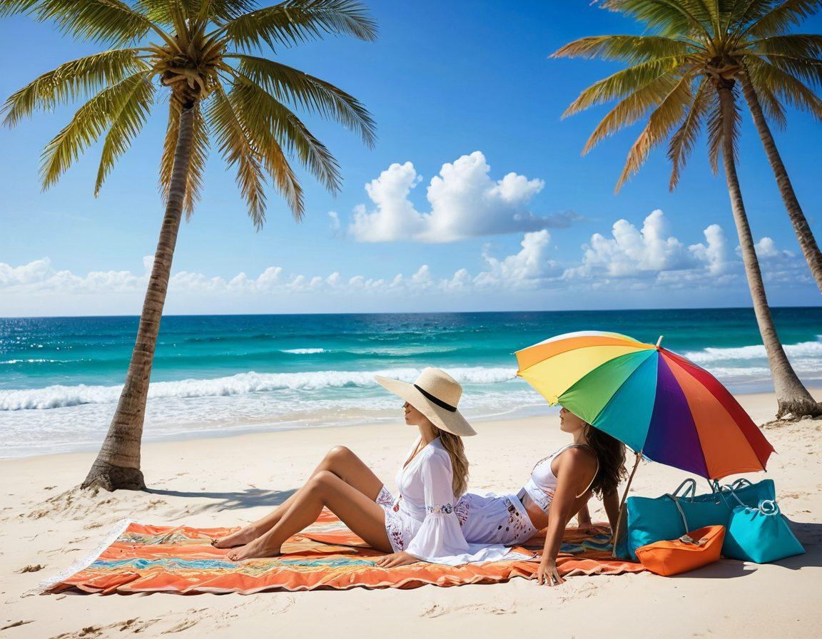 A serene beach scene with a modestly dressed woman lounging under an umbrella, surrounded by colorful LDS swimwear accessories like stylish cover-ups, beach bags, and hats. The ocean waves gently lap at the shore, creating a tranquil atmosphere. Include vibrant seashells and starfish in the sand to enhance the beach aesthetic. Capture the essence of bliss and simplicity in summer attire. super-realistic. vibrant colors. white background.