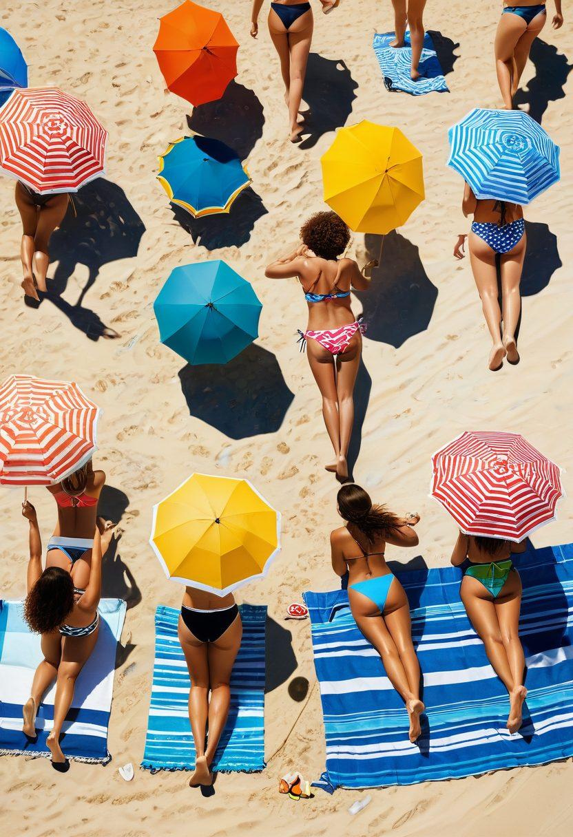 A serene beach scene featuring a diverse group of women wearing stylish and modest bikini swimwear, showcasing a variety of colors and patterns. They are engaged in joyful activities like building sandcastles, swimming, and laughing together under a bright blue sky. Include elements like beach towels, umbrellas, and seashells to enhance the summer vibe. super-realistic. bright colors. warm sunlight.